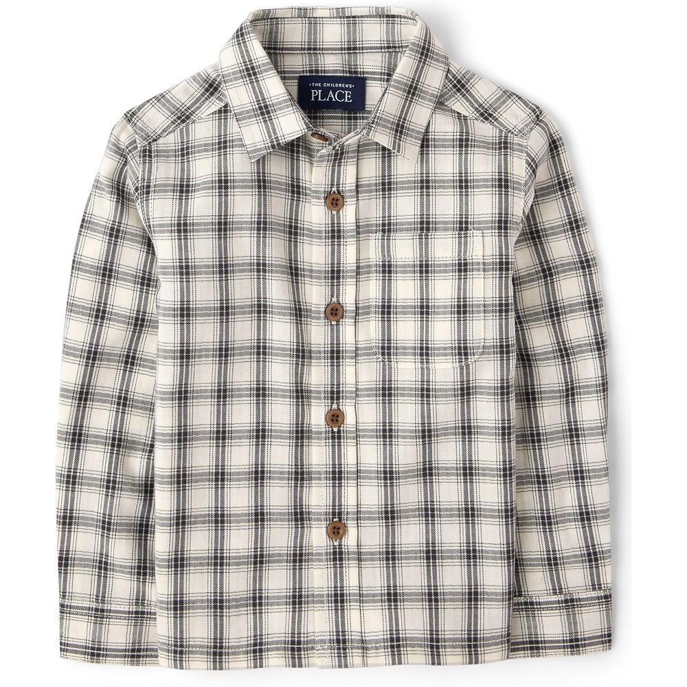 image:imageThe Childrens Place Boys and Toddler Boys Long Sleeve Textured Poplin Button Up ShirtHay Stack Plaid