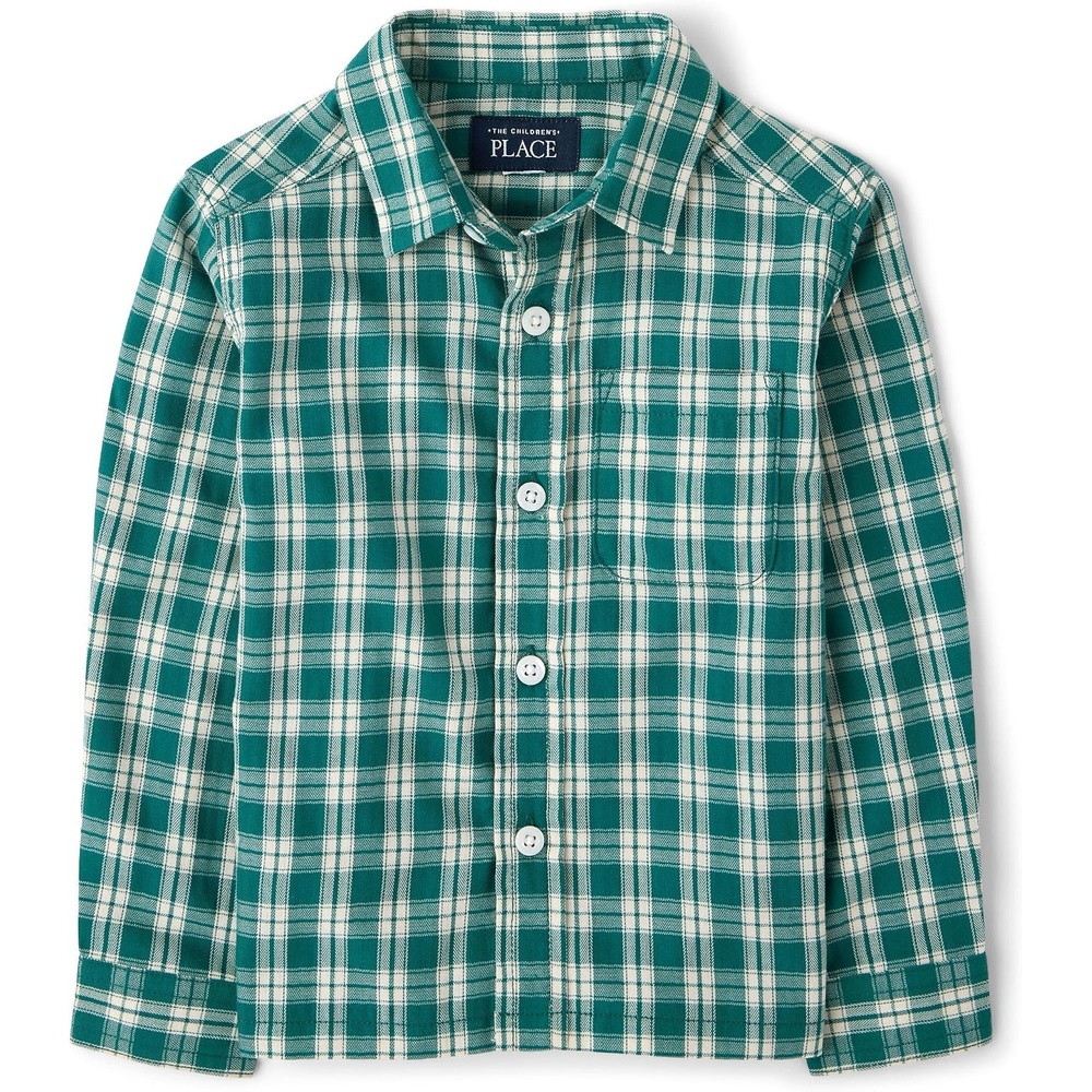 image:imageThe Childrens Place Boys and Toddler Boys Long Sleeve Textured Poplin Button Up ShirtJaded Teal Plaid