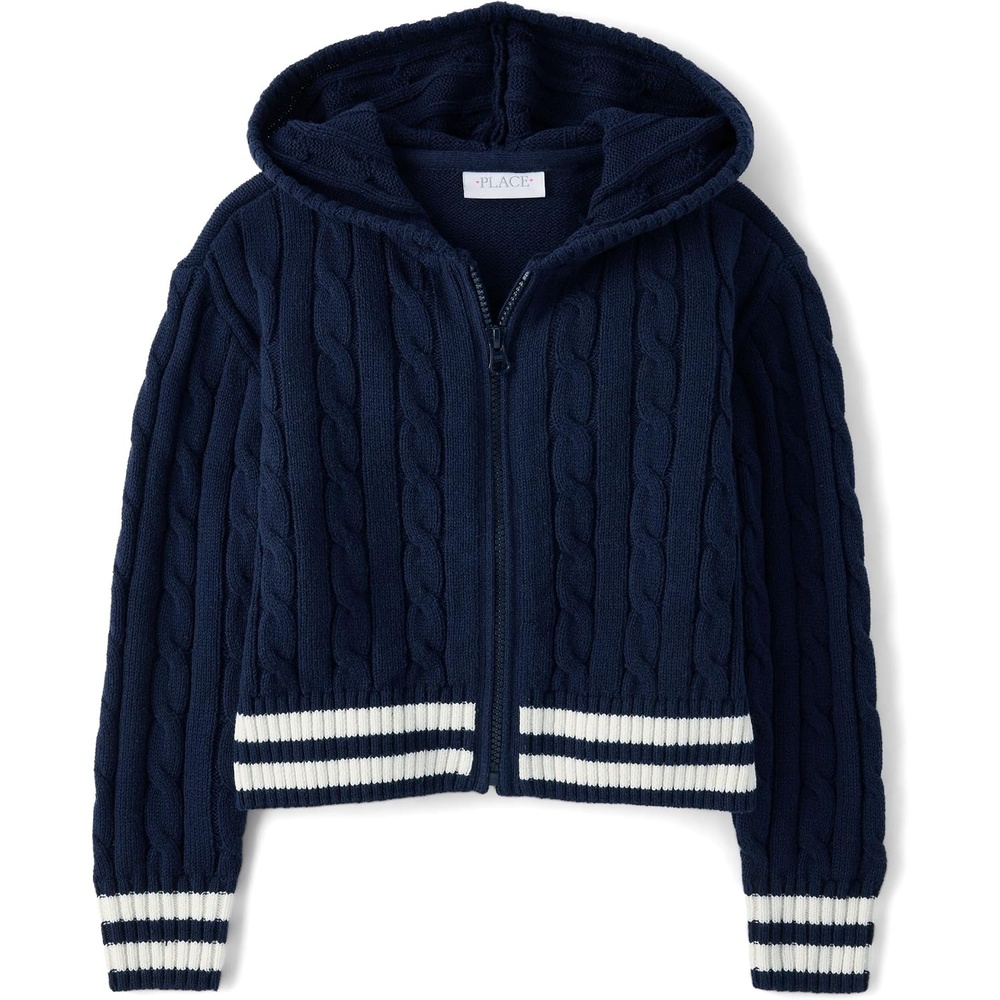 image:imageThe Childrens Place Girls Long Sleeve Cable Knit Zip Front Hooded SweaterTidal