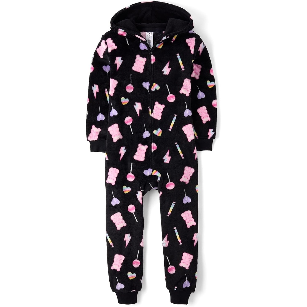 image:imageThe Childrens Place Girls Long Sleeve Fleece Zip Up One Piece PajamaBlack Candy