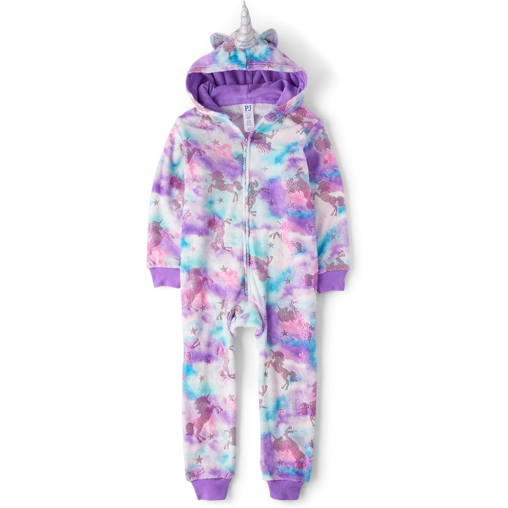 image:imageThe Childrens Place Girls Long Sleeve Fleece Zip Up One Piece PajamaFoil Unicon