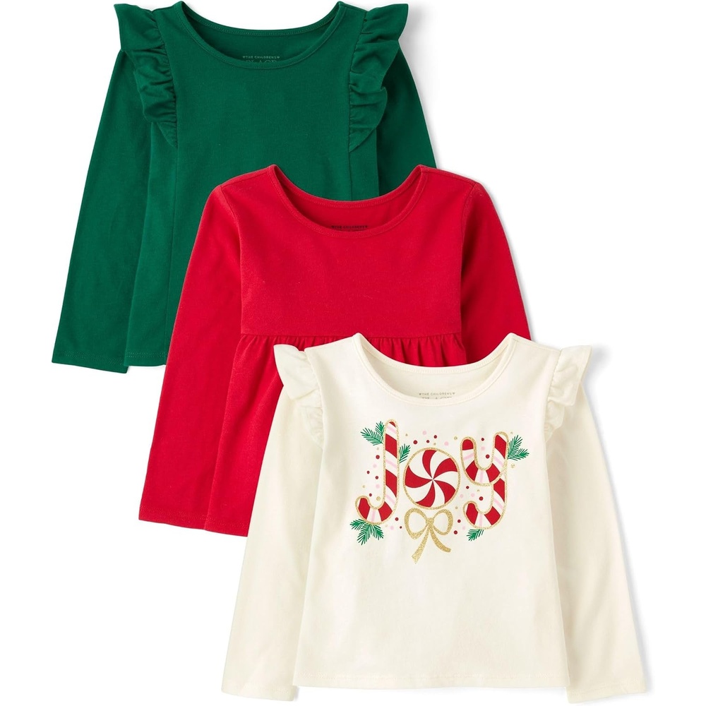 image:imageThe Childrens Place Girls Long Sleeve Knit Fashion ShirtJoy Candy CaneRedGreen 3pack