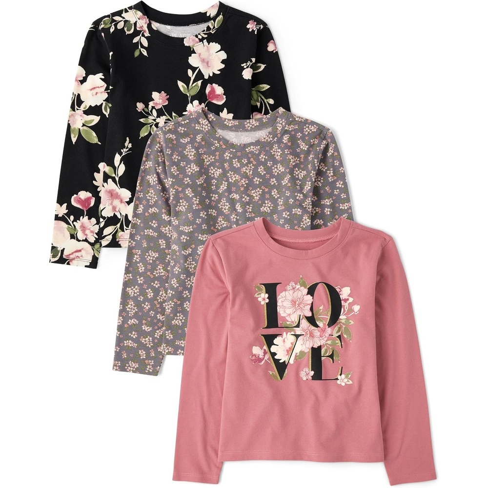 image:imageThe Childrens Place Girls Long Sleeve Knit Fashion ShirtLoveFloralGray 3pack