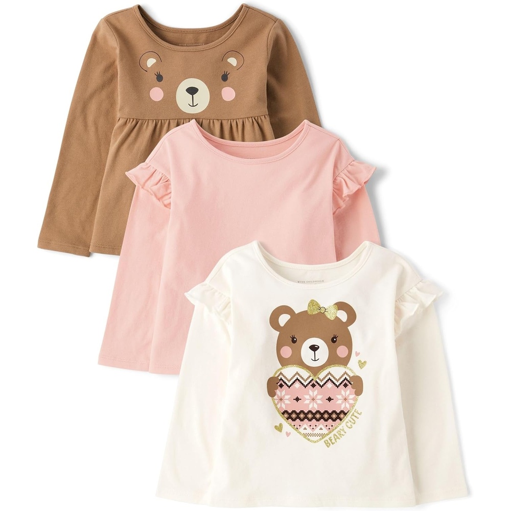 image:imageThe Childrens Place Girls Long Sleeve Knit Fashion ShirtTeddy BearRoseTeddy Bear Heart 3pack