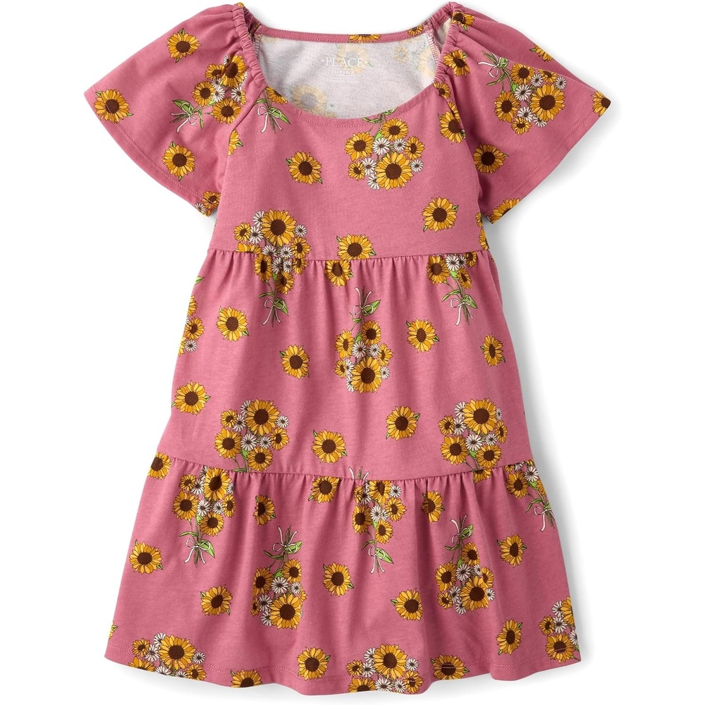 image:imageThe Childrens Place Girls Short Sleeve Casual DressVintage Rose Sunflower