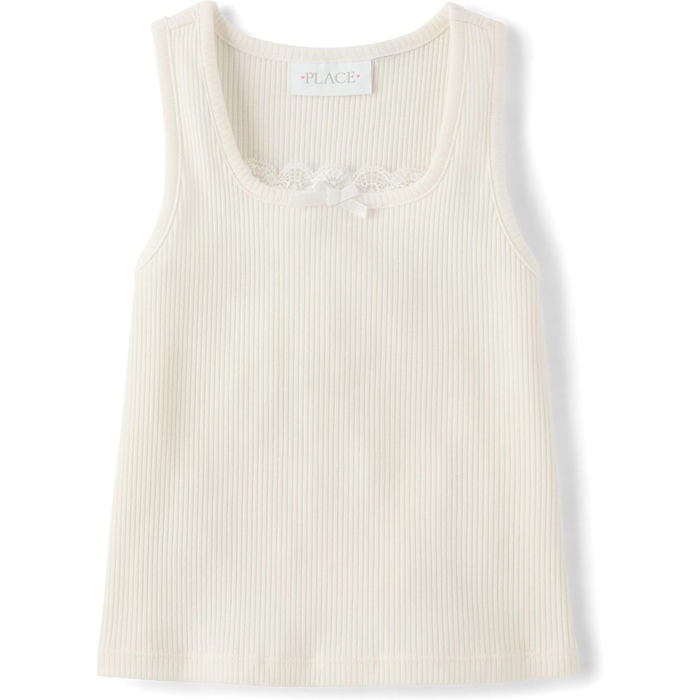 image:imageThe Childrens Place Girls Sleeveless Lace Ribbed Tank TopsMarshmallow
