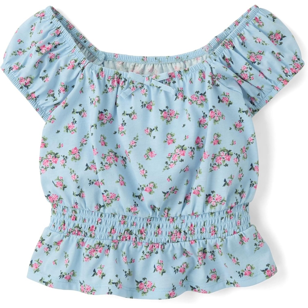 image:imageThe Childrens Place Girls Smocked Short Sleeve TopsChalk Blue
