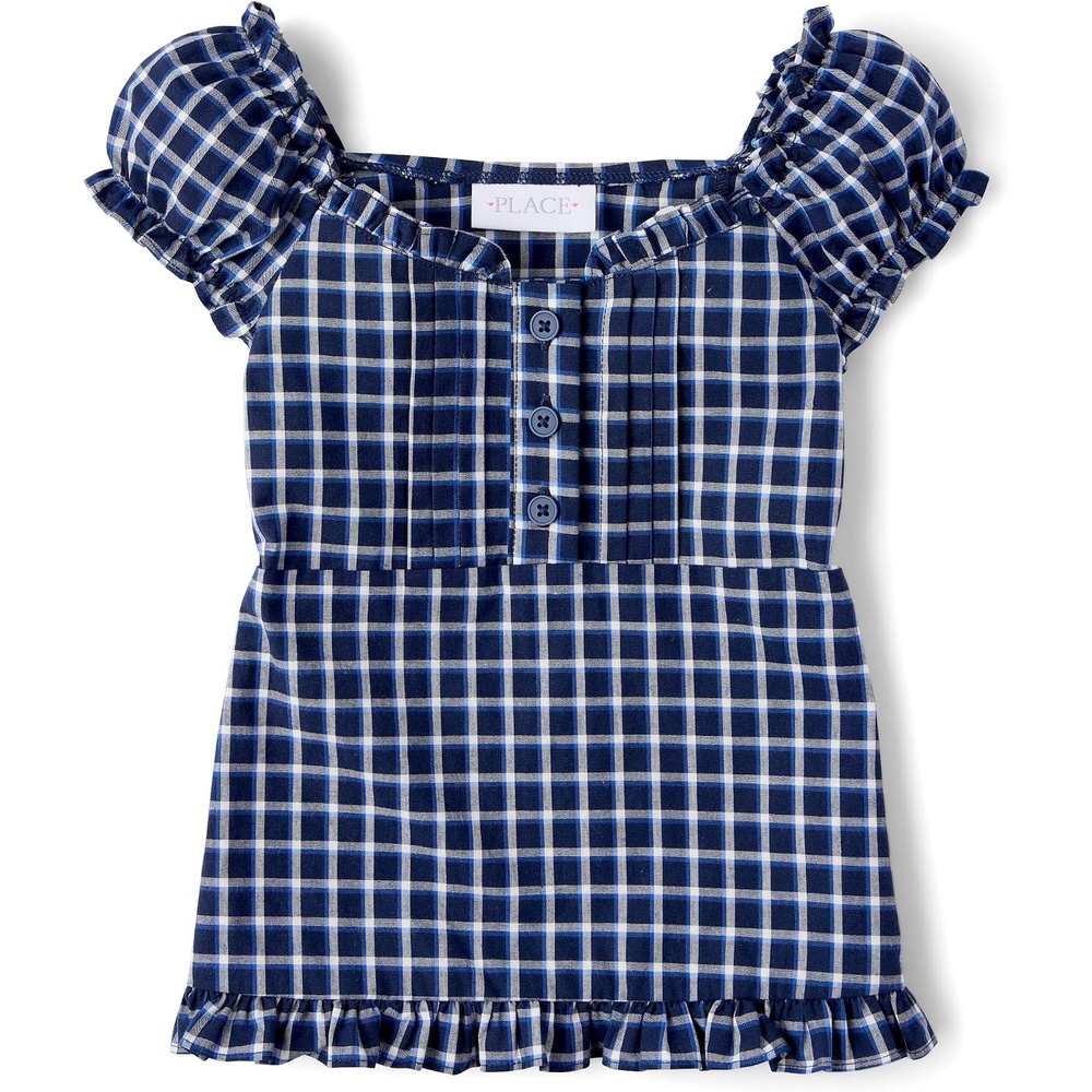 image:imageThe Childrens Place Girls Smocked Short Sleeve TopsTidal Plaid