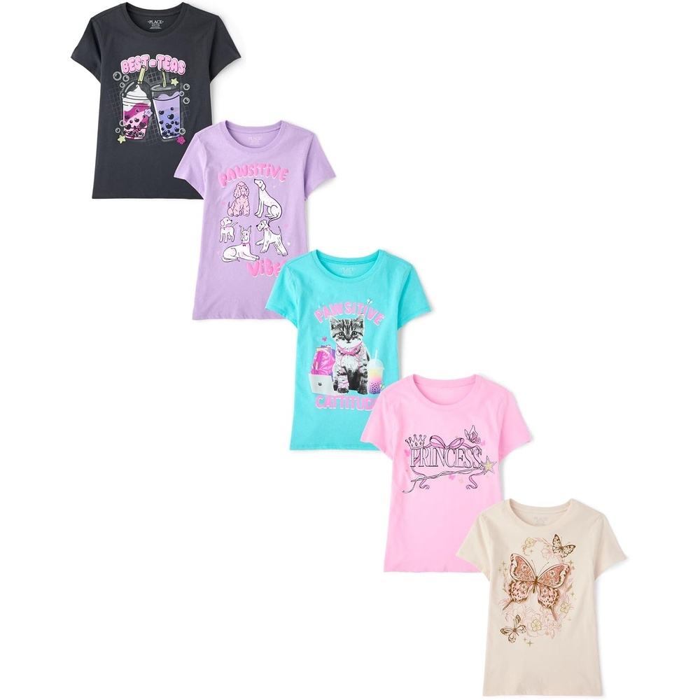 image:imageThe Childrens Place Girls Trends Icons Short Sleeve Graphic TShirts 5PackButterflyPrincessBestteasPawsitiveCattitude