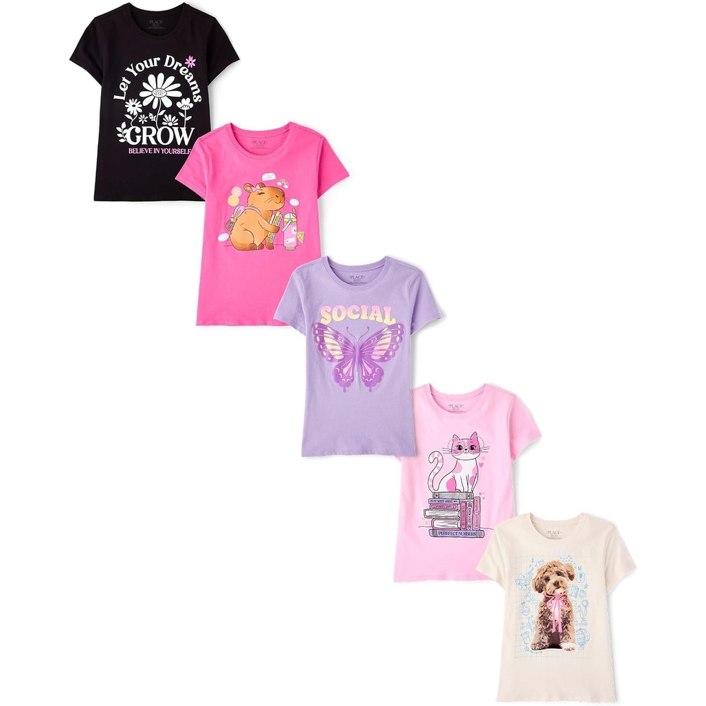 image:imageThe Childrens Place Girls Trends Icons Short Sleeve Graphic TShirts 5PackDreamsSocialCapybaraCatDog