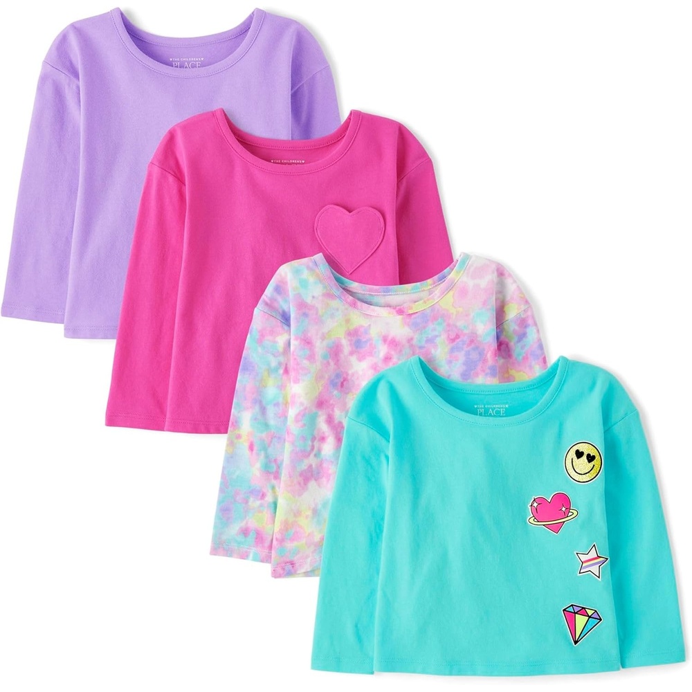 image:imageThe Childrens Place Girls and Toddler Long Sleeve Everyday Casual Knit ShirtBlueTie DyePinkPurple 4pack