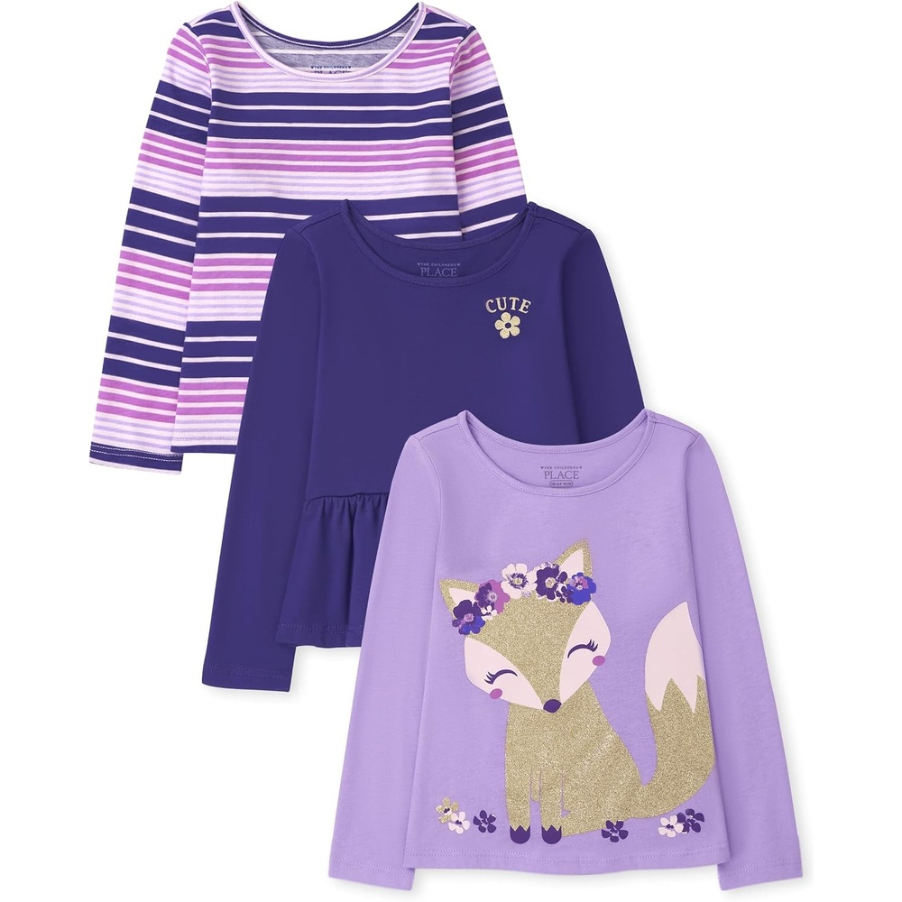 image:imageThe Childrens Place Girls and Toddler Long Sleeve Everyday Casual Knit ShirtIris StripeIrisPurple Fox 3pack