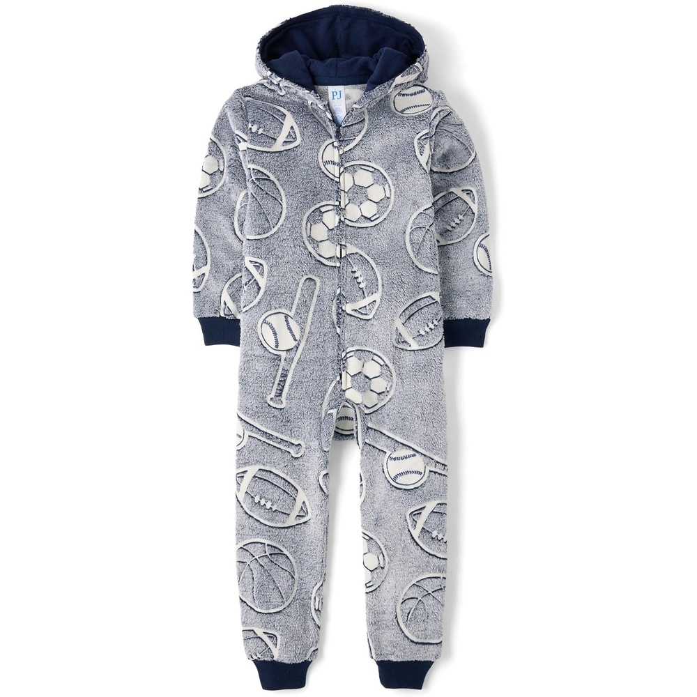 image:imageThe Childrens Place boys Long Sleeve Fleece Hooded Zip Front One Piece PajamasSports Glow
