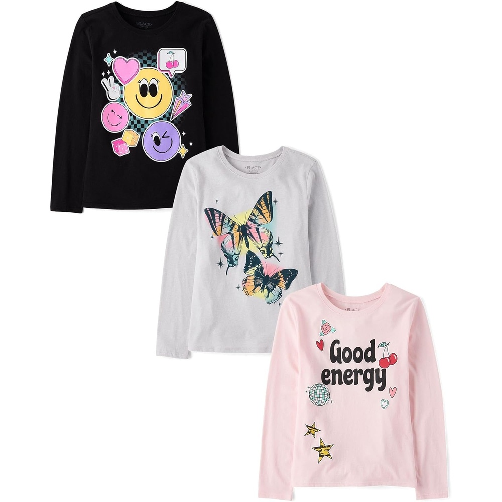 image:imageThe Childrens Place girls Assorted Everyday Long Sleeve Graphic TshirtsPositiveEmojisButterfly 3pack
