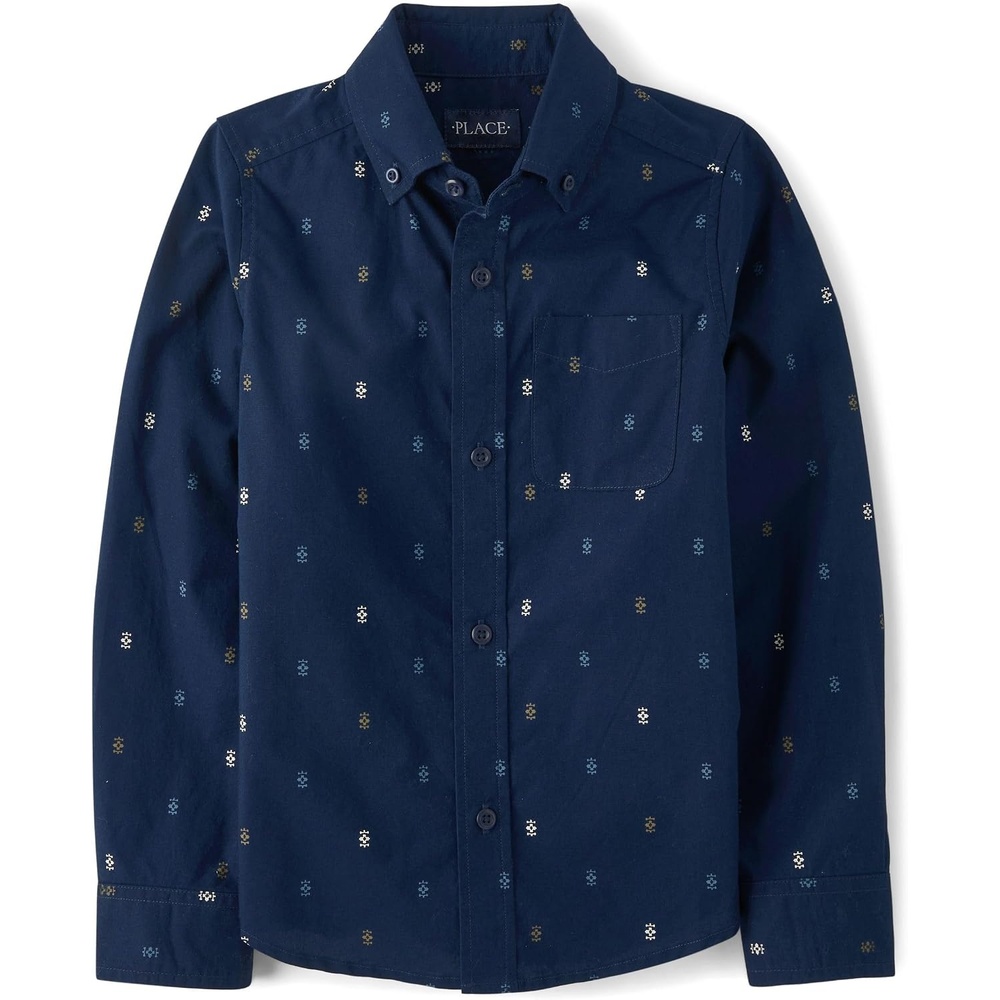 image:imageThe Childrens PlaceBoysLong Sleeve Poplin Button Down ShirtTidal GeoXSmall
