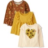 The Children’s Place Girls and Toddler Long Sleeve Everyday Casual Knit Shirt(Sunflower Heart/Gold/Brown Floral 3-pack)