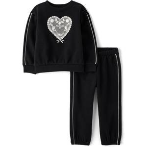 The Children’s Place Baby Girls’ And Toddler Long Sleeve Active Shirt and Pant, 2 Piece Outfit(Black Heart)