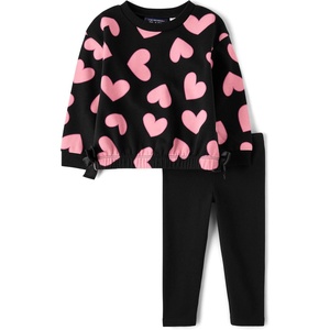 The Children’s Place Baby Girls’ And Toddler Long Sleeve Active Shirt and Pant, 2 Piece Outfit(Black Hearts)