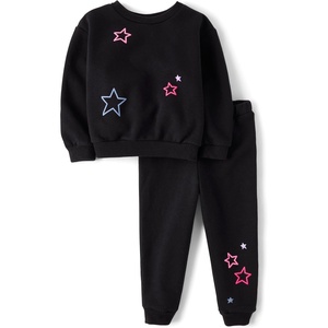 The Children’s Place Baby Girls’ And Toddler Long Sleeve Active Shirt and Pant, 2 Piece Outfit(Black Stars)