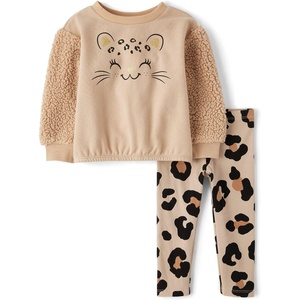 The Children’s Place Baby Girls’ And Toddler Long Sleeve Active Shirt and Pant, 2 Piece Outfit(Leopard Sherpa)