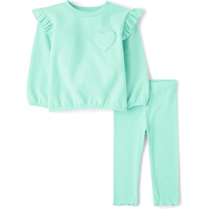 The Children’s Place Baby Girls’ And Toddler Long Sleeve Active Shirt and Pant, 2 Piece Outfit(Mint Heart)