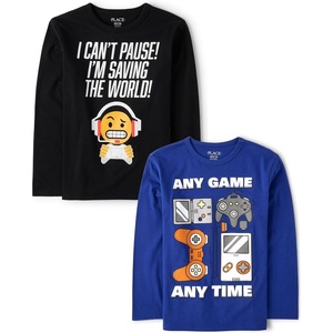 The Children’s Place Boys’ Gamer,Cars,Sports Long Sleeve Graphic T-Shirts,2 Pack(Cant Pause/Any Game)