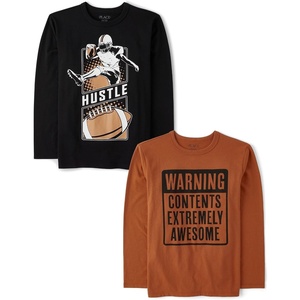 The Children’s Place Boys’ Gamer,Cars,Sports Long Sleeve Graphic T-Shirts,2 Pack(Hustle/Warning Awesome)