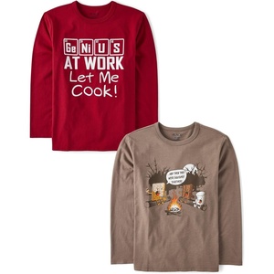 The Children’s Place Boys’ Gamer,Cars,Sports Long Sleeve Graphic T-Shirts,2 Pack(Let Me Cook/Smores Campfire)