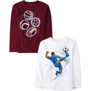 The Children’s Place Boys’ Gamer,Cars,Sports Long Sleeve Graphic T-Shirts,2 Pack(Soccer Player/Sports)