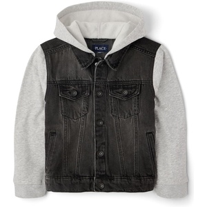 The Children’s Place Boys’ Long Sleeve Fleece and Denim Hooded Jacket(Washed Black)