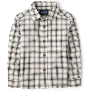 The Children’s Place Boys’ and Toddler Boys Long Sleeve Textured Poplin Button Up Shirt(Hay Stack Plaid)