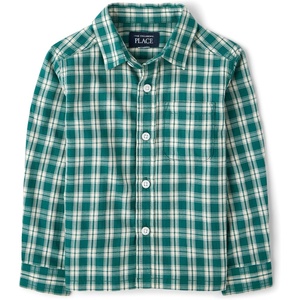 The Children’s Place Boys’ and Toddler Boys Long Sleeve Textured Poplin Button Up Shirt(Jaded Teal Plaid)