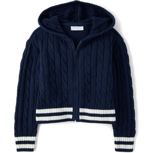 The Children’s Place Girls’ Long Sleeve Cable Knit Zip Front Hooded Sweater(Tidal)