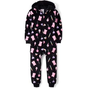 The Children’s Place Girls’ Long Sleeve Fleece Zip Up One Piece Pajama(Black Candy)