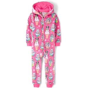 The Children’s Place Girls’ Long Sleeve Fleece Zip Up One Piece Pajama(Neon Peony Food)