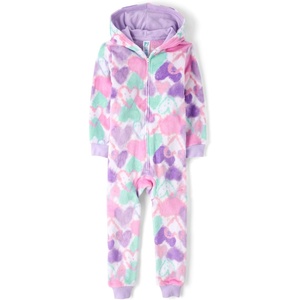 The Children’s Place Girls’ Long Sleeve Fleece Zip Up One Piece Pajama(White Hearts)