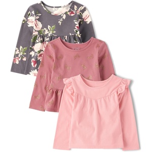 The Children’s Place Girls and Toddler Long Sleeve Everyday Casual Knit Shirt(Gray Floral/Rose/Pink 3-pack)