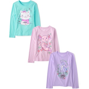 The Children’s Place girls Assorted Everyday Long Sleeve Graphic T-shirts(Cat/Xolotl/Fox 3-pack)