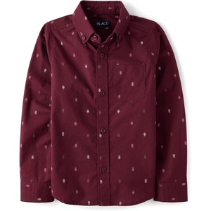 The Children’s Place,Boys,Long Sleeve Poplin Button Down Shirt,Deep Wine Geo,Medium
