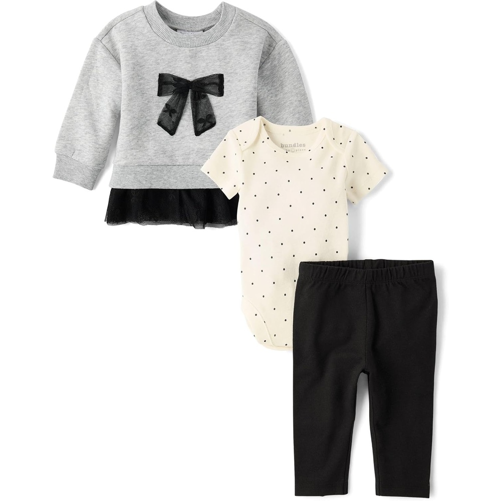 image:imageThe Childrens Place Baby Girls And Newborn Long Sleeve Topshort Sleeve Bodysuit and Pant3piece Playwear SetMarshmallow Bow