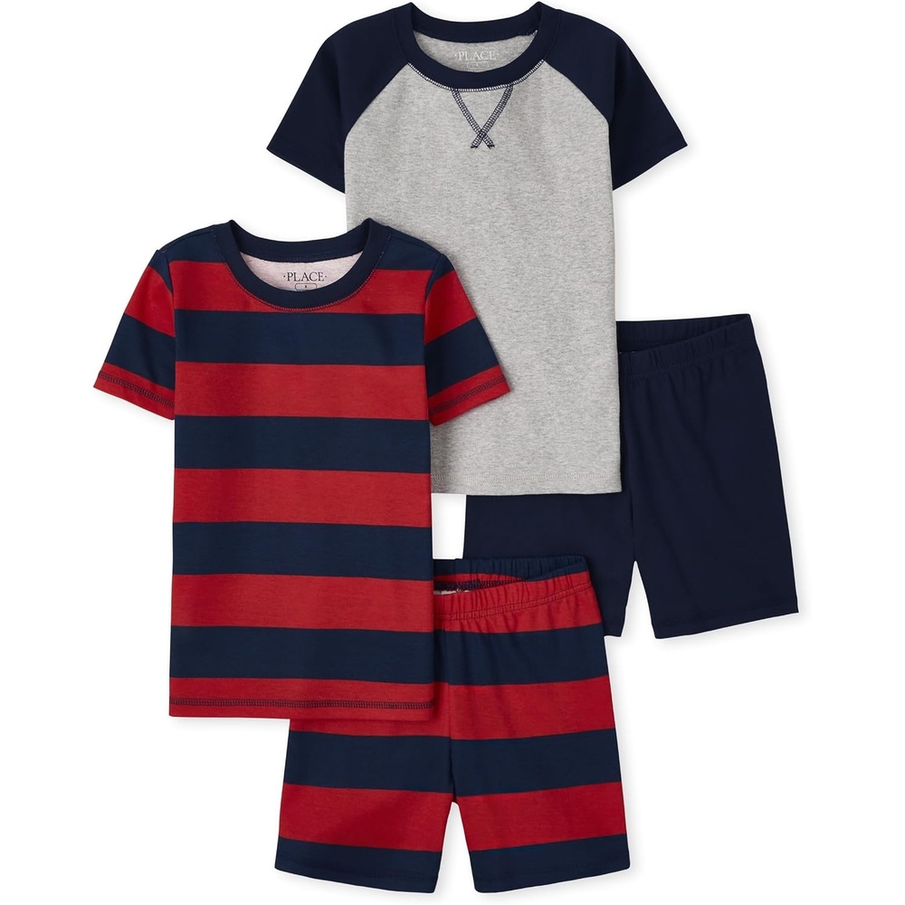 image:imageThe Childrens Place Boys Short Sleeve Top and Shorts Snug Fit 100 Cotton 4 Piece Pajama SetNavyRed Rugby Stripe 2pack