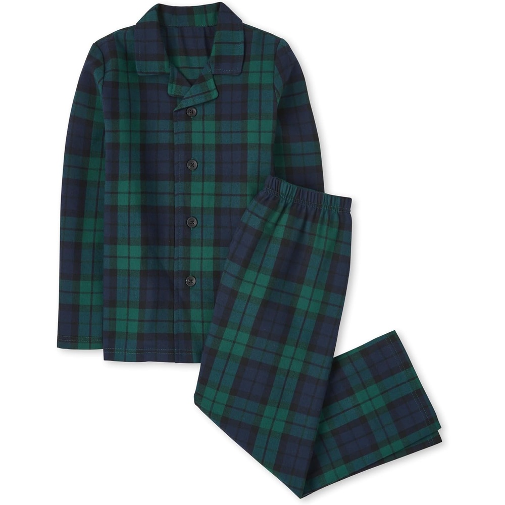 image:imageThe Childrens Place Kids Holiday Long Sleeve Button Down Pajama SetsNavyGreen Plaid