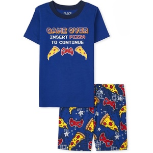 The Children’s Place Boys’ Short Sleeve Top and Shorts Snug Fit 100% Cotton 4 Piece Pajama Set(Glow Pizza)