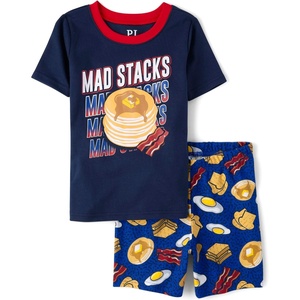 The Children’s Place Boys’ Short Sleeve Top and Shorts Snug Fit 100% Cotton 4 Piece Pajama Set(Mad Pancake Stacks)