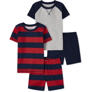 The Children’s Place Boys’ Short Sleeve Top and Shorts Snug Fit 100% Cotton 4 Piece Pajama Set(Navy/Red Rugby Stripe 2-pack)