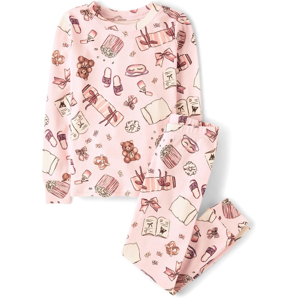 image:imageThe Childrens Place Girls 100 Snug Fit Cotton Long Sleeve Top and Pants2piece Pajama SetsSleepover Fun