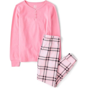 The Children’s Place Girls’ 100% Snug Fit Cotton Long Sleeve Henley Top and Pant,2-piece Pajama Sets(Pink Plaid)