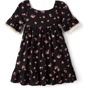 The Children’s Place Girls’ Long Sleeve Bell Sleeve Dresses(Black Floral)