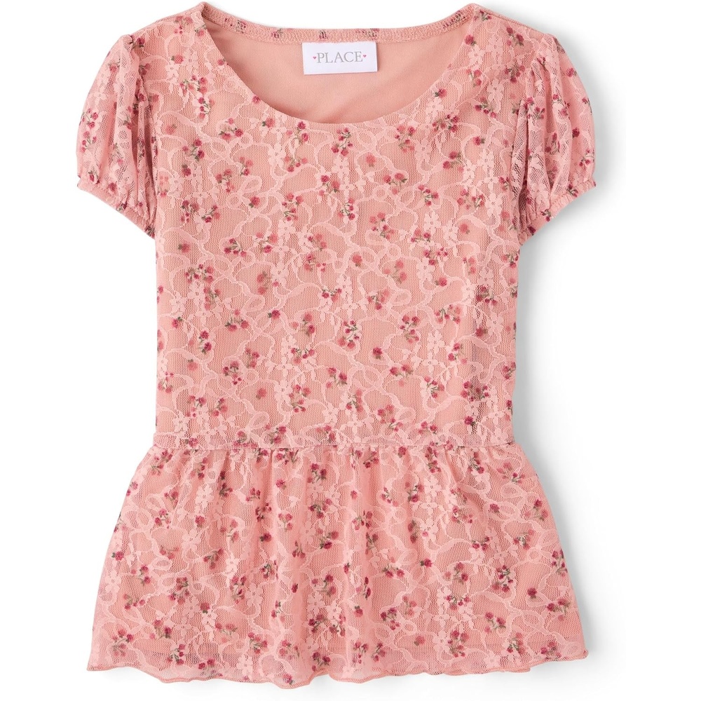 image:imageThe Childrens Place Girls Short Sleeve Lace Hem TopsPink Melon Lace