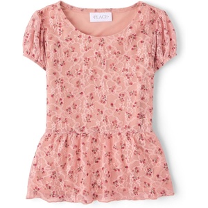 The Children’s Place Girls’ Short Sleeve Lace Hem Tops(Pink Melon Lace)